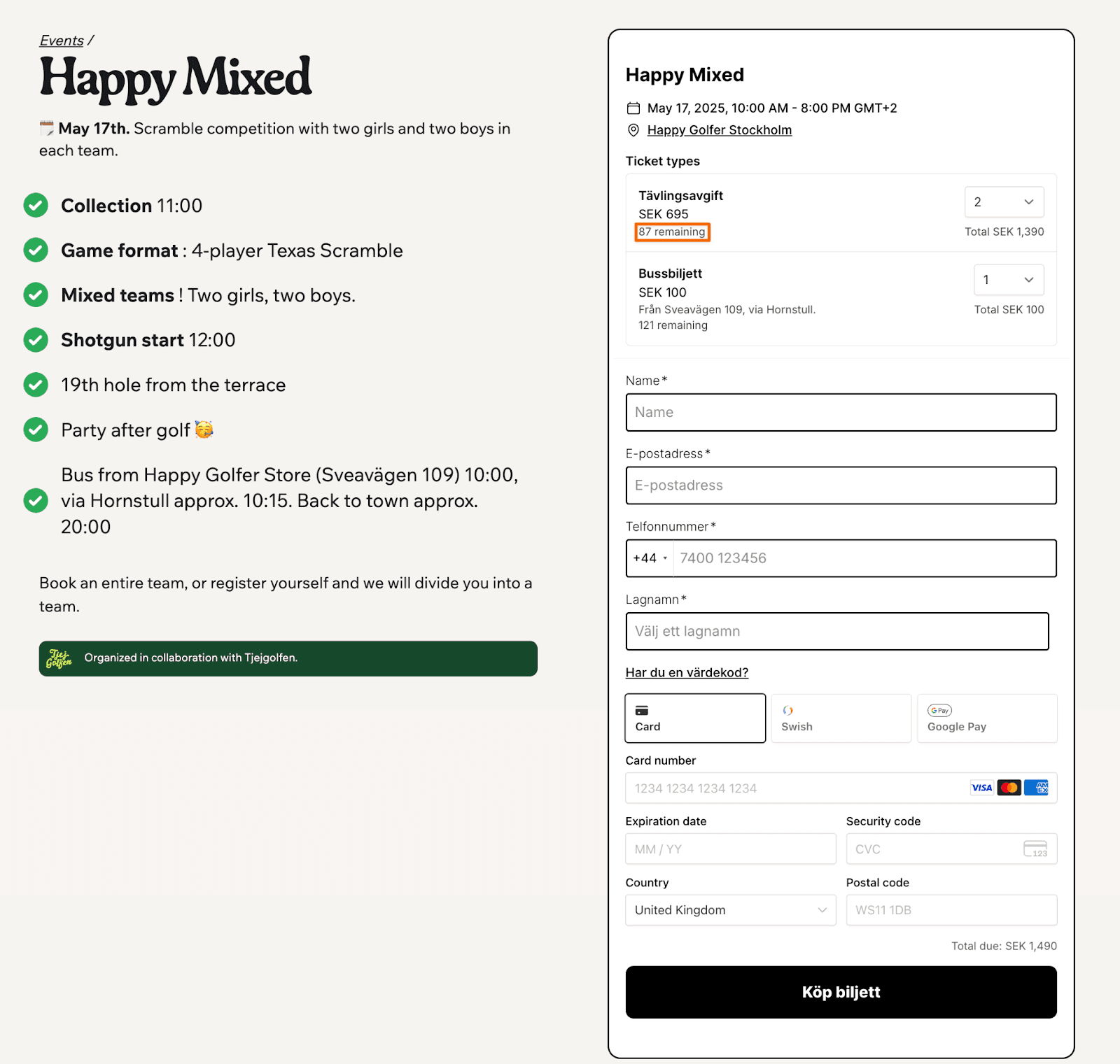 Happy Golfer's event ticketing page with tiered ticket types
