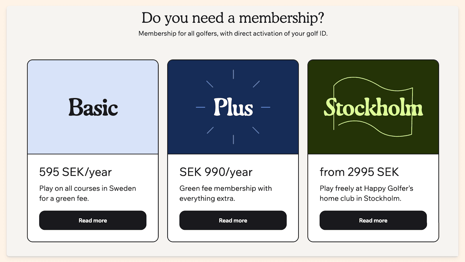 Happy Golfer's membership tiers sold through Checkout Page