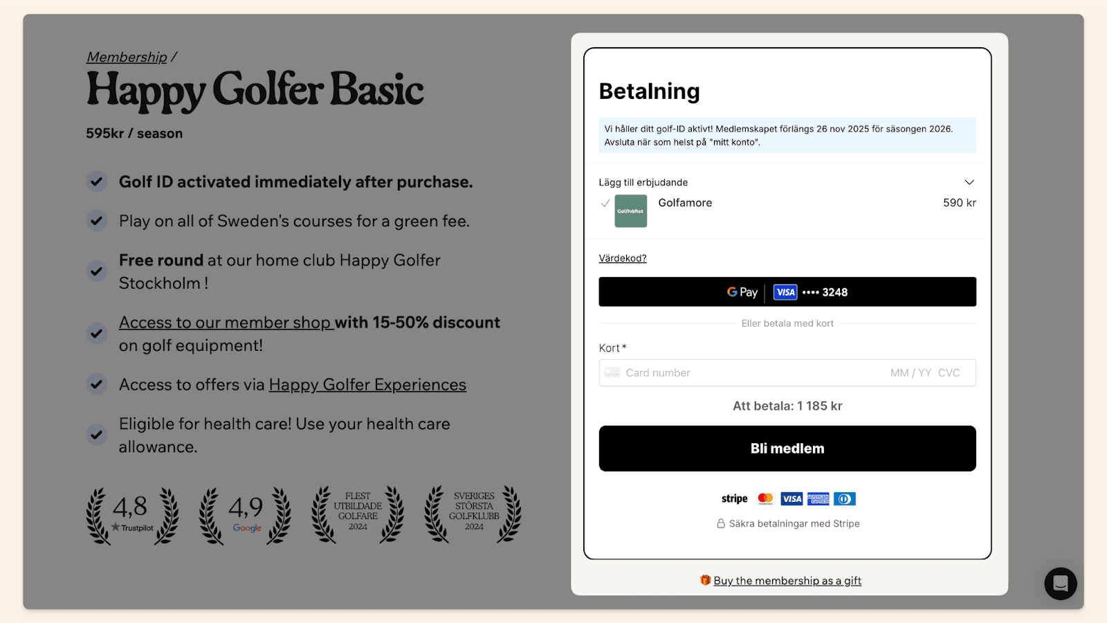 Happy Golfer's payment form built with Checkout Page