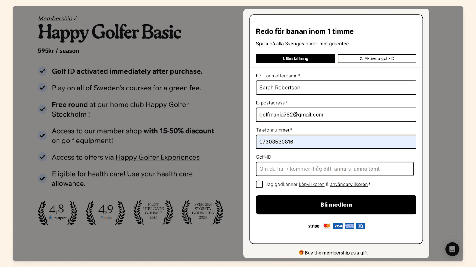 Happy Golfer's embedded membership registration form