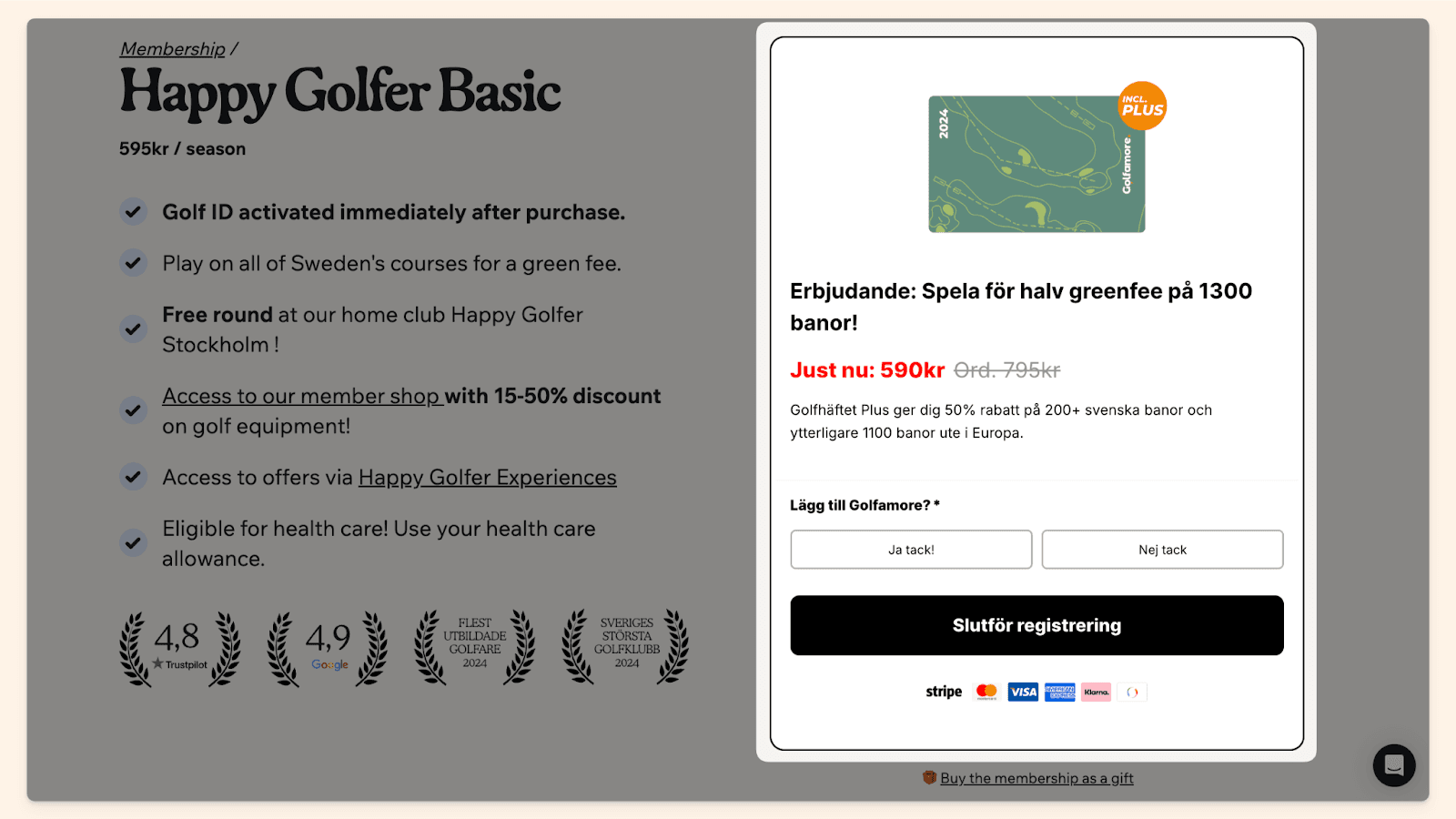 Happy Golfer's one-click upsell with customized Swedish button text