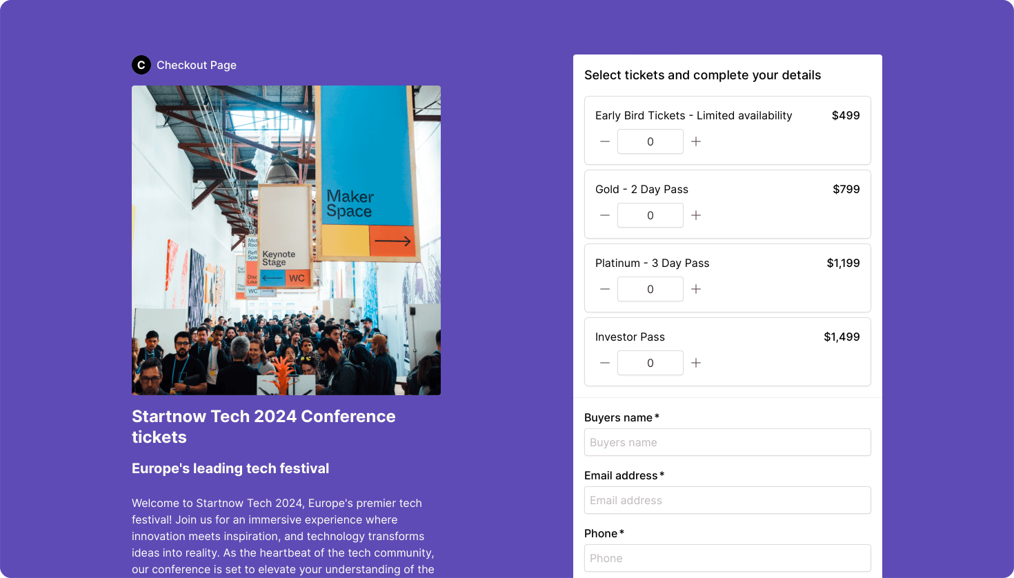 Tech conference ticketing checkout