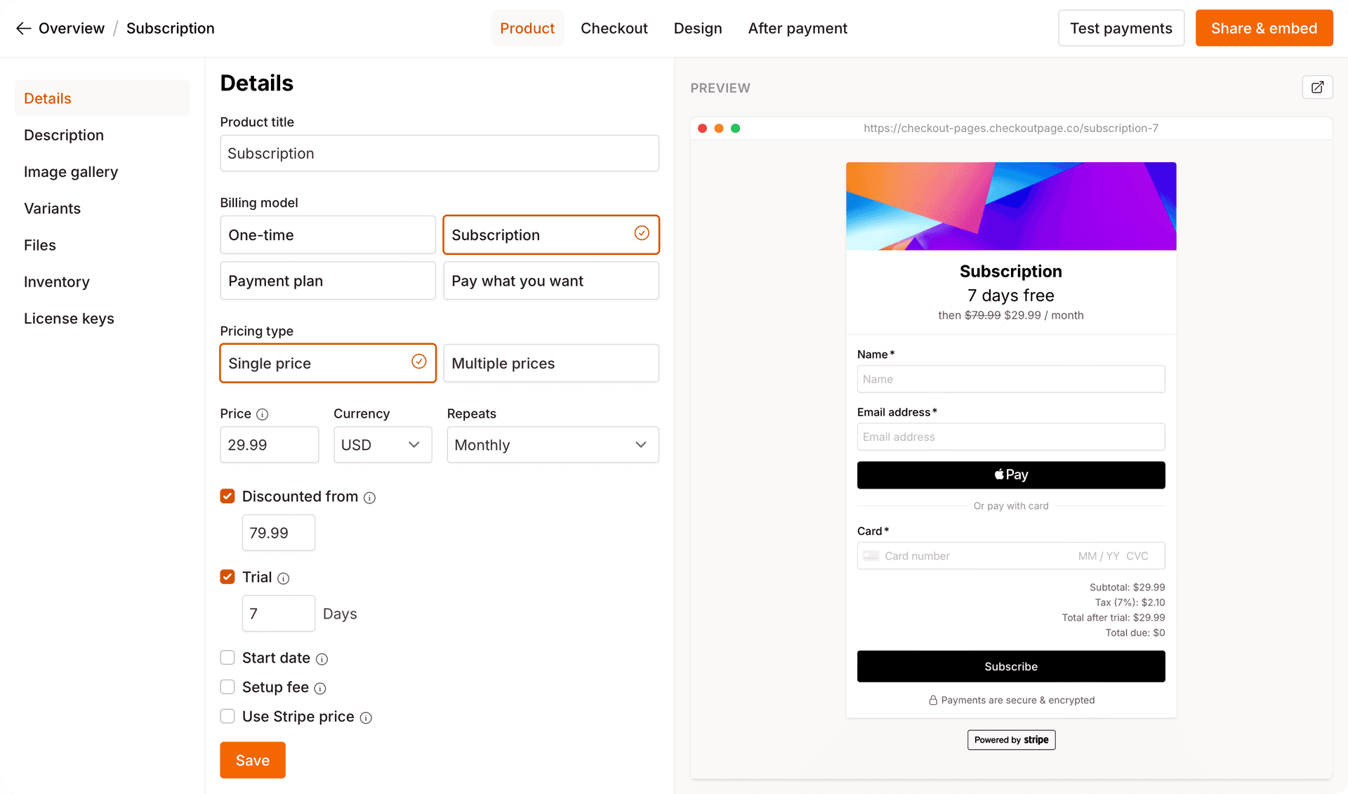 Checkout Page | Sell digital products, subscriptions and event tickets