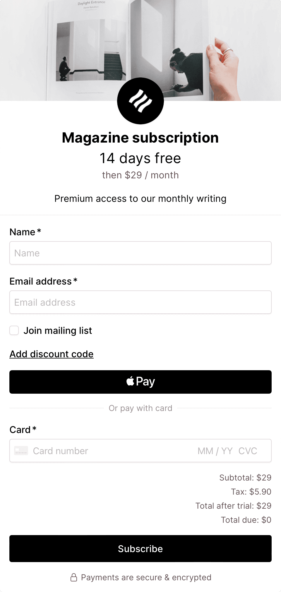 Subscription checkout with a free trial