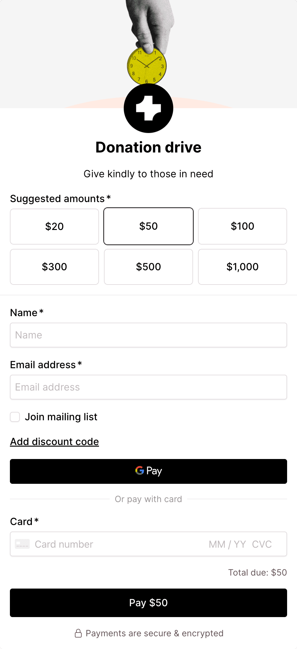 Donation form with suggested amounts