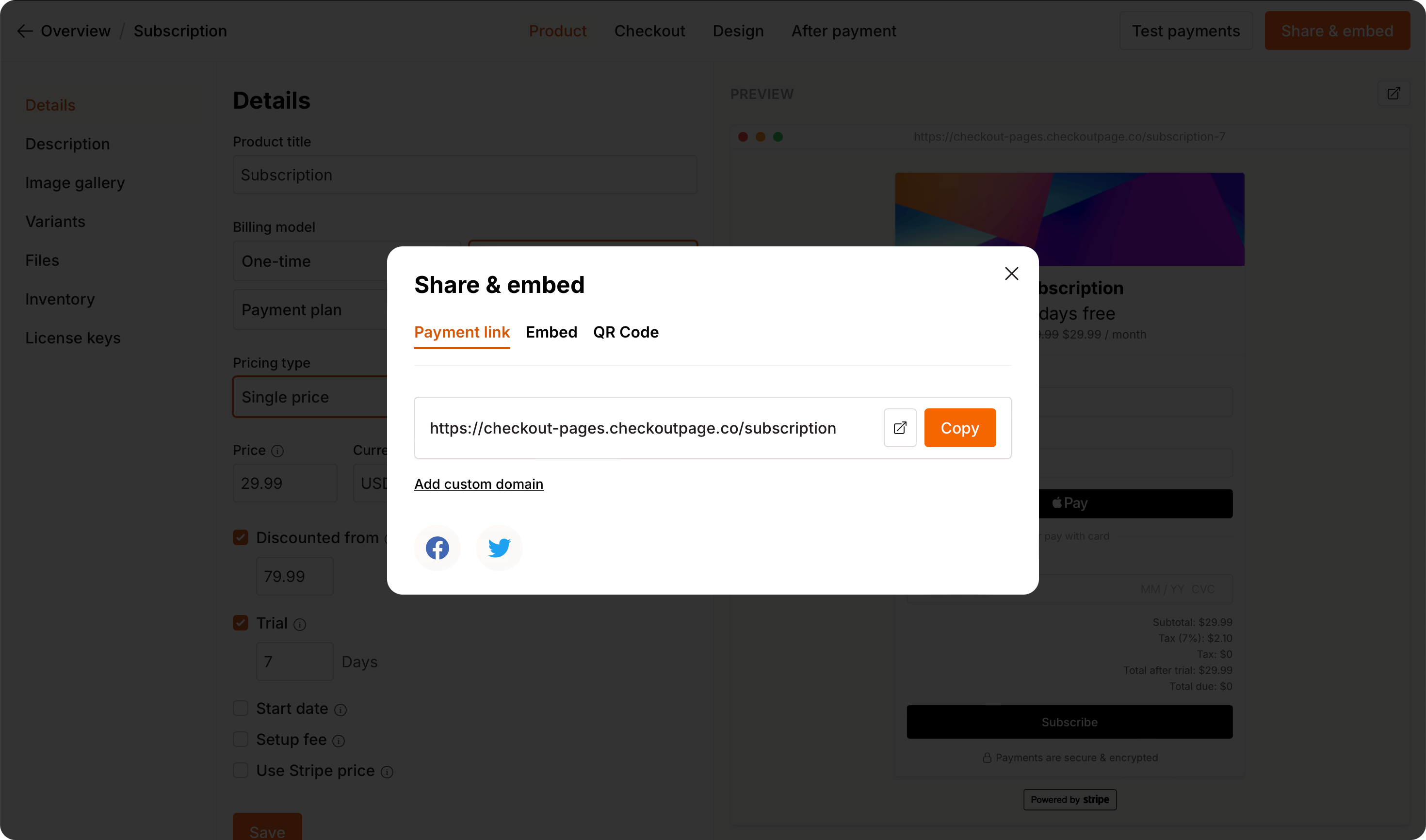 Share checkout links or embed on any website
