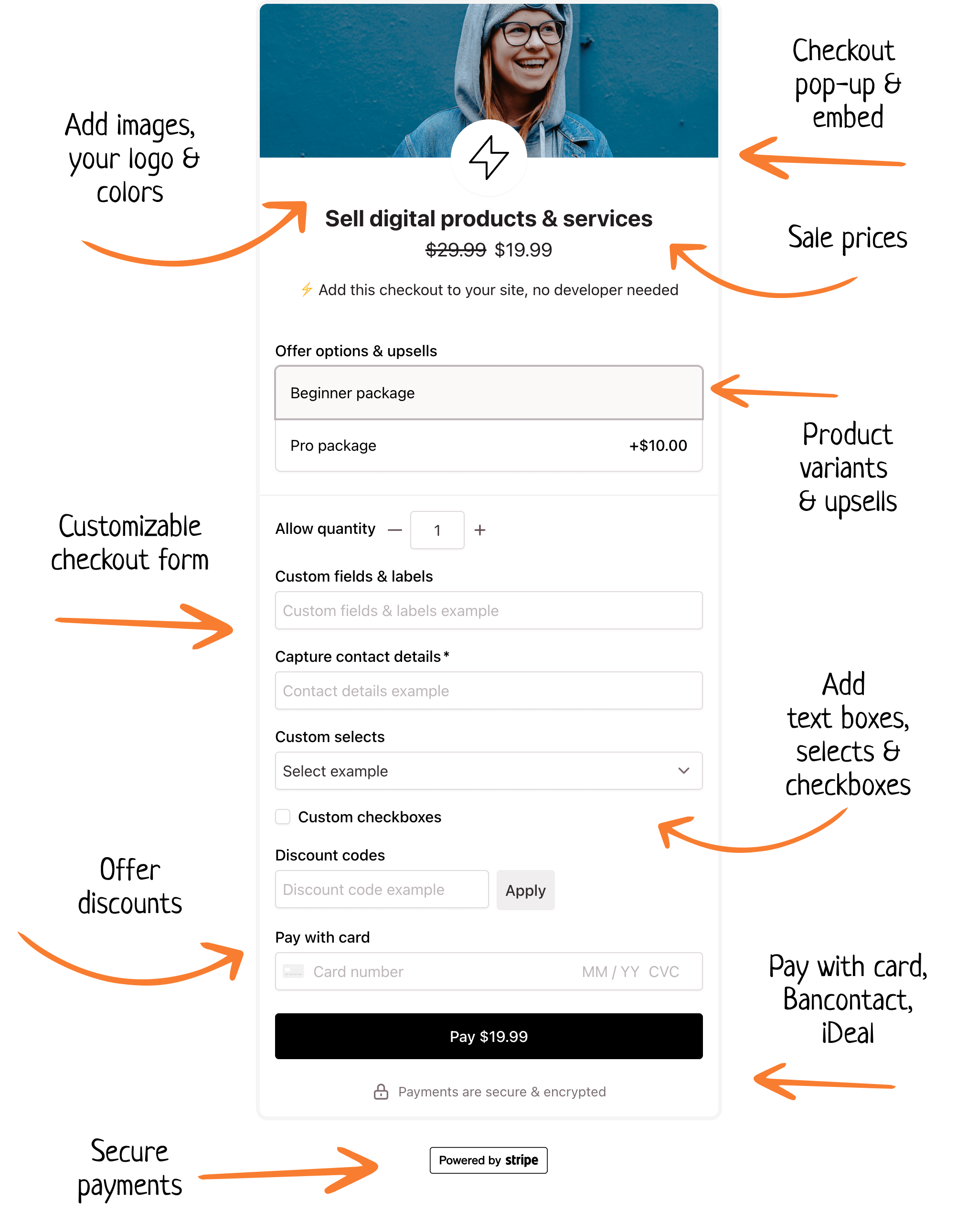 Checkout Page pop-up. Sell digital products from your site with custom checkouts.